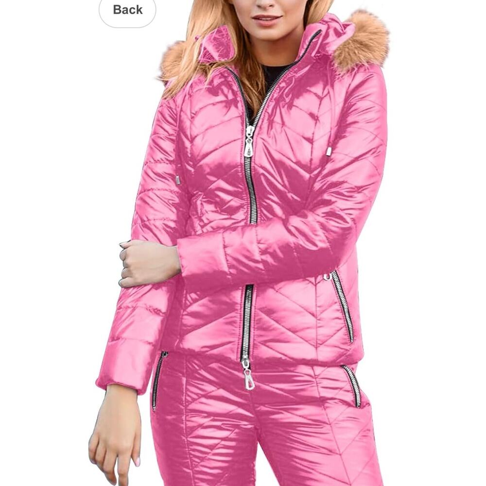 Oftalle Ski Suit Women Waterproof Windproof Down Snow Pants Jacket L Light Pink